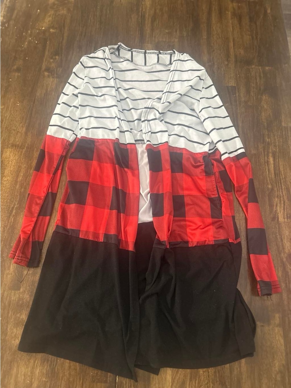Striped & Buffalo Plaid Open Front Cardigan - Red/Black/Cream